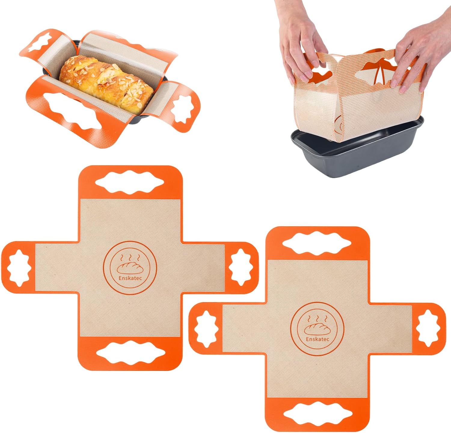 2 Pcs Reusable Silicone Bread Loaf Pan Liners, Food-Grade Silicone Bread Baking Mat with 4 Handles, Non-Stick & Heat Resistant Loaf Pan Lifters, Sourdough Sling for 9x5" or 1.5Lb Loaf Pans (Orange)
