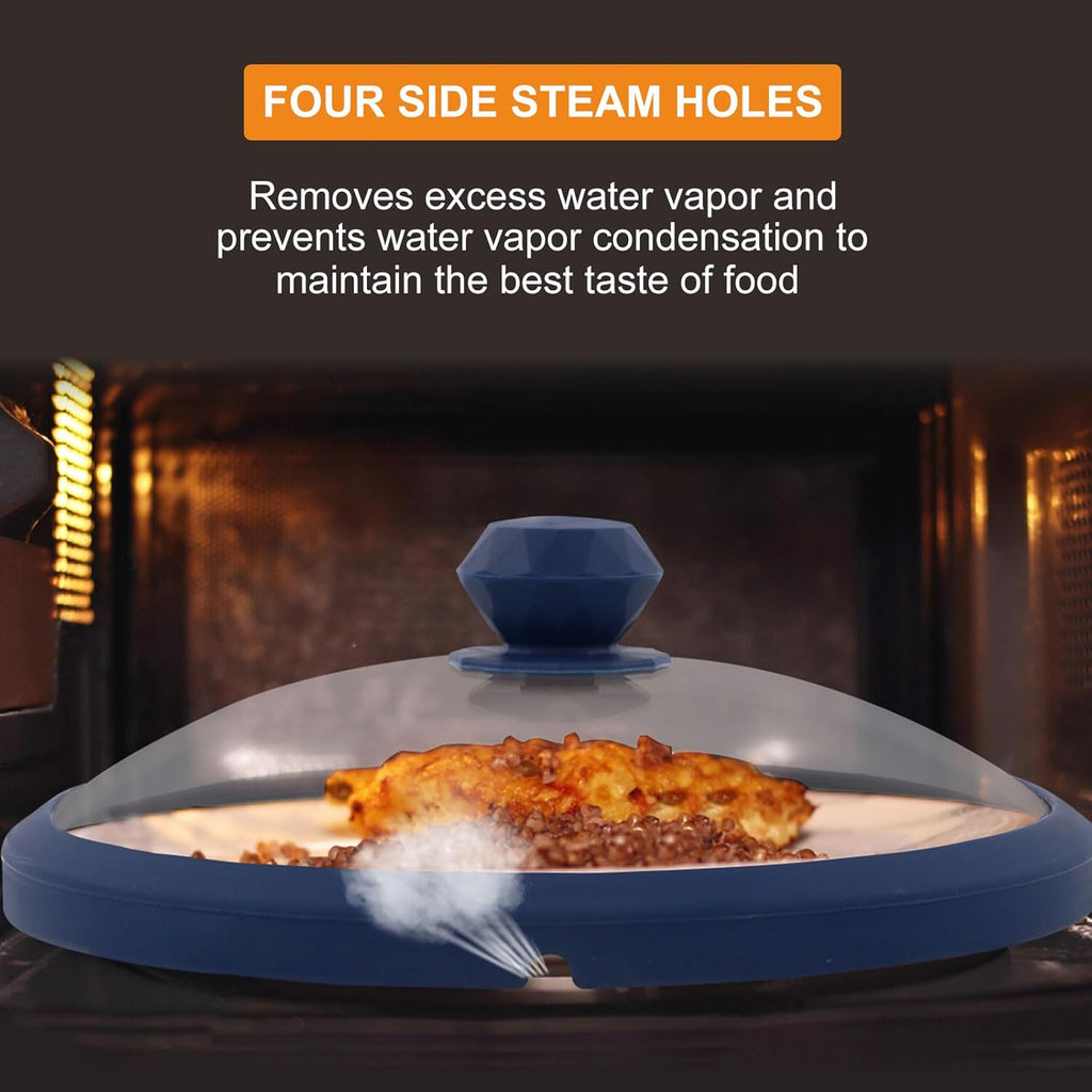 Glass Microwave Cover for Food 10.5 Inch Microwave Splatter Cover With Easy Grip Diamond Shape Handle Microwave Cover Glass Guard Lid Vented Edge Plate Cover for Heating Food (Black)