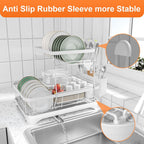 Dish Drying Rack - Auto Draining Dish Rack for Kitchen Counter, Large Capacity Dish Drainers Organizer with Drainboard, 2-Tier Drying Rack with Utensil Holder White