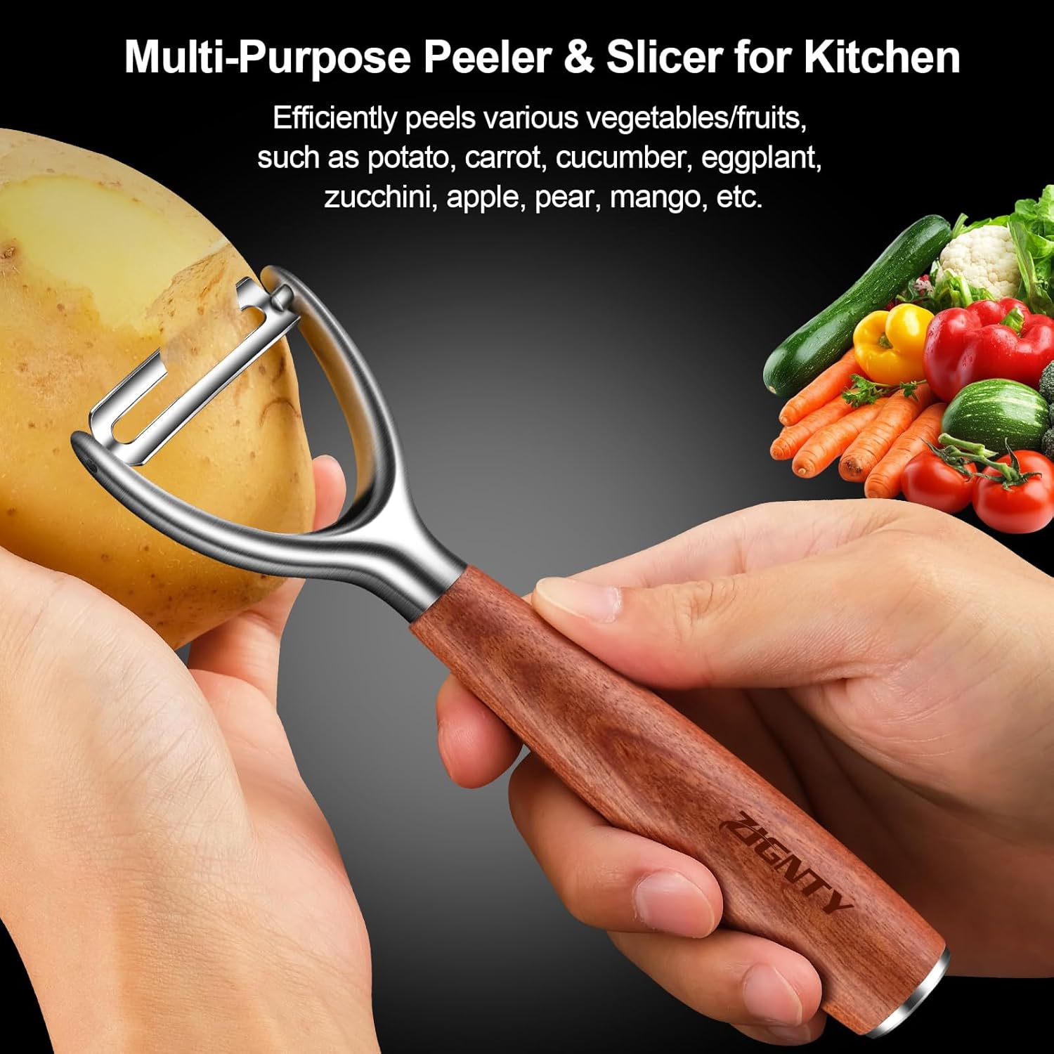 Premium Vegetable Peeler Stainless Steel，Ultra Sharp Potato Peelers for Kitchen, Swivel Blade Veggie Fruit Peeler, Carrot Cucumber Peeler with Ergonomic Wood Handle Y Peeler（5 Years Warranty）