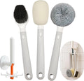 Dish Brush with Handle,4-Pieces Dish Brush Set with Holder,Replaceable Brush Heads Long Handle Kitchen Scrubber,for Pots,Sink,Pans &Bottles.Gray