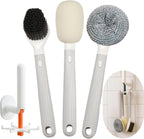 Dish Brush with Handle,4-Pieces Dish Brush Set with Holder,Replaceable Brush Heads Long Handle Kitchen Scrubber,for Pots,Sink,Pans &Bottles.Gray