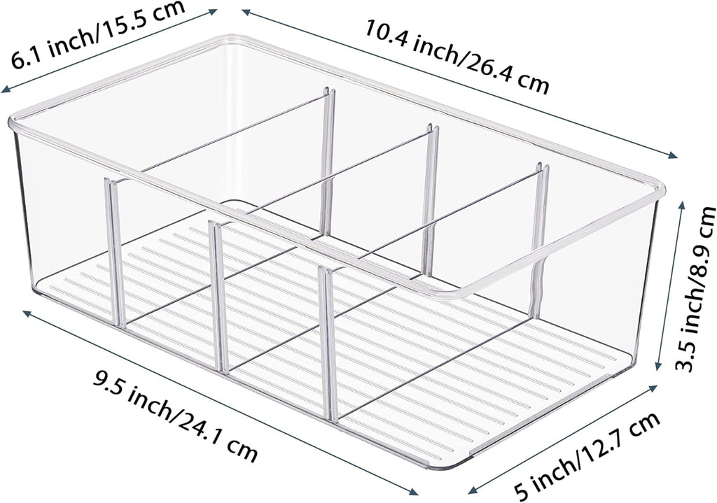 Vtopmart 4 Pack Food Storage Organizer Bins, Clear Plastic Bins for Pantry, Kitchen, Fridge, Cabinet Organization and Storage, 4 Compartment Holder Packets, Snacks, Pouches, Spice Packets