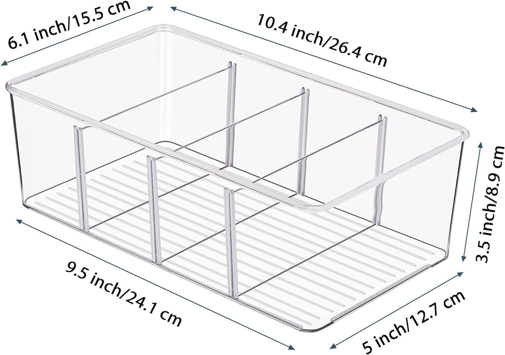Vtopmart 2 Pack Food Storage Organizer Bins, Clear Plastic Bins for Pantry, Kitchen, Fridge, Cabinet Organization and Storage, 4 Compartment Holder Packets, Snacks, Pouches, Spice Packets