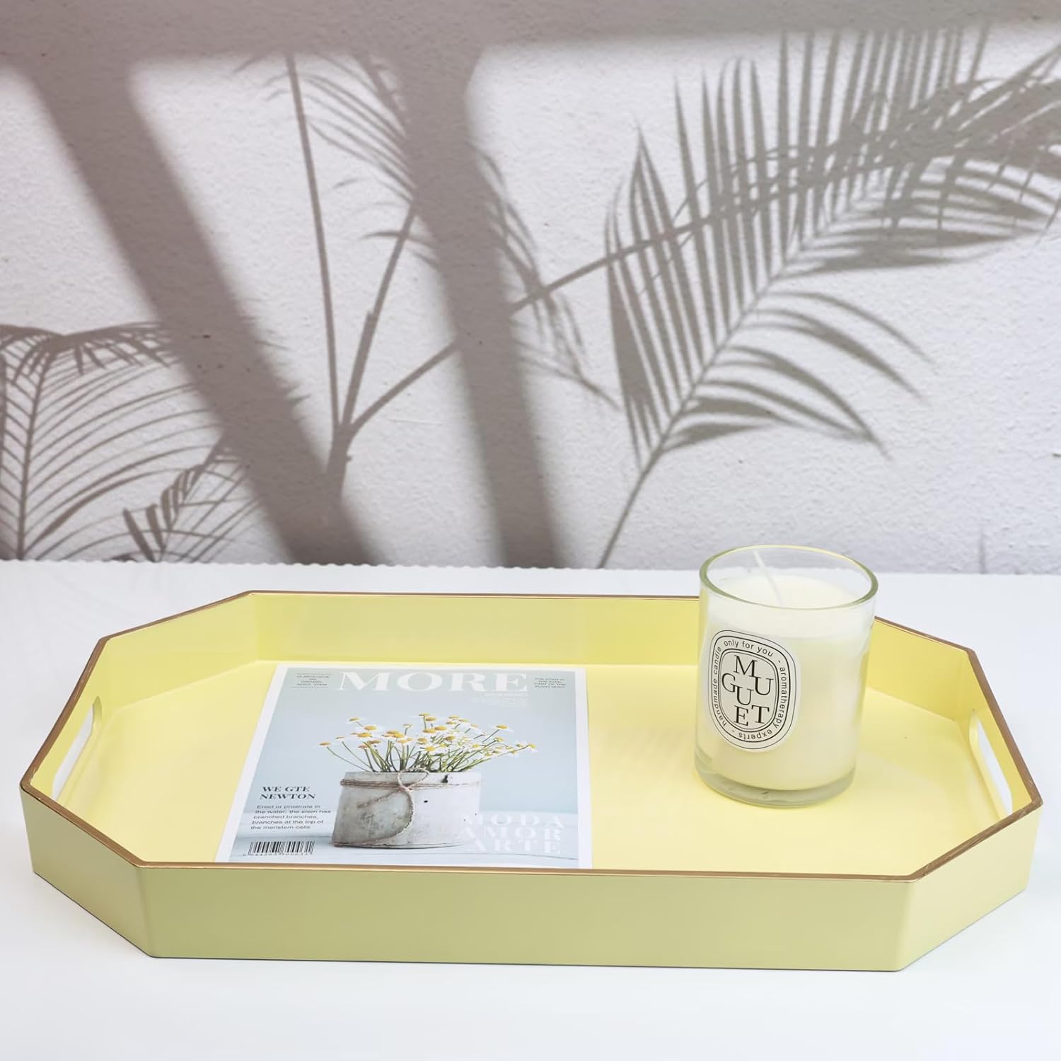 Spsyrine Yellow Plastic Serving Tray for Ottoman, Coffee Table, Octagon Decorative Tray for Entertaining, Outdoor, Living Room, Home Decor