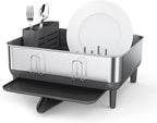 simplehuman Compact Dish Drying Rack with Stainless Steel Frame, 360º Easy Drain Swivel Spout, Utensil Holder, Anti-Residue Coating, Moisture Control Surface, Grey