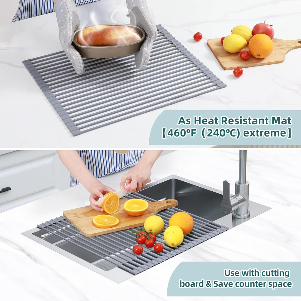 Ohuhu Over Sink Dish Drying Rack, Silicone Wrapped 17.6" W x 15.4" L Large Over The Sink Roll Up Dish Drainer - Foldable Sink Drying Rack Rolling Drain Mats Anti-Slip Multipurpose for Kitchen Counter