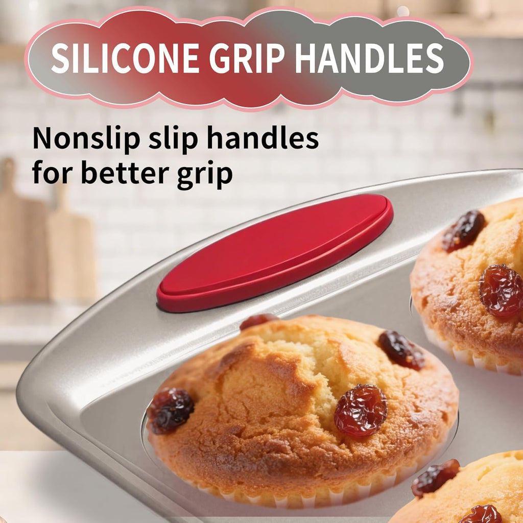 Muffin Pans 6-Cup, 2-Pack Nonstick 6 Tins Cupcake Pan with Silicone Grip Handles, Toaster Oven Baking Supplies Small Cheesecake Cup Cake Tray- Non-toxic & Dishwasher Safe
