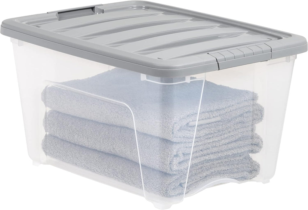 Amazon Basics Plastic Storage Containers with Secure Latching Lids, Stackable Organization Bins, 32 Quart, Set of 6, Clear/Grey