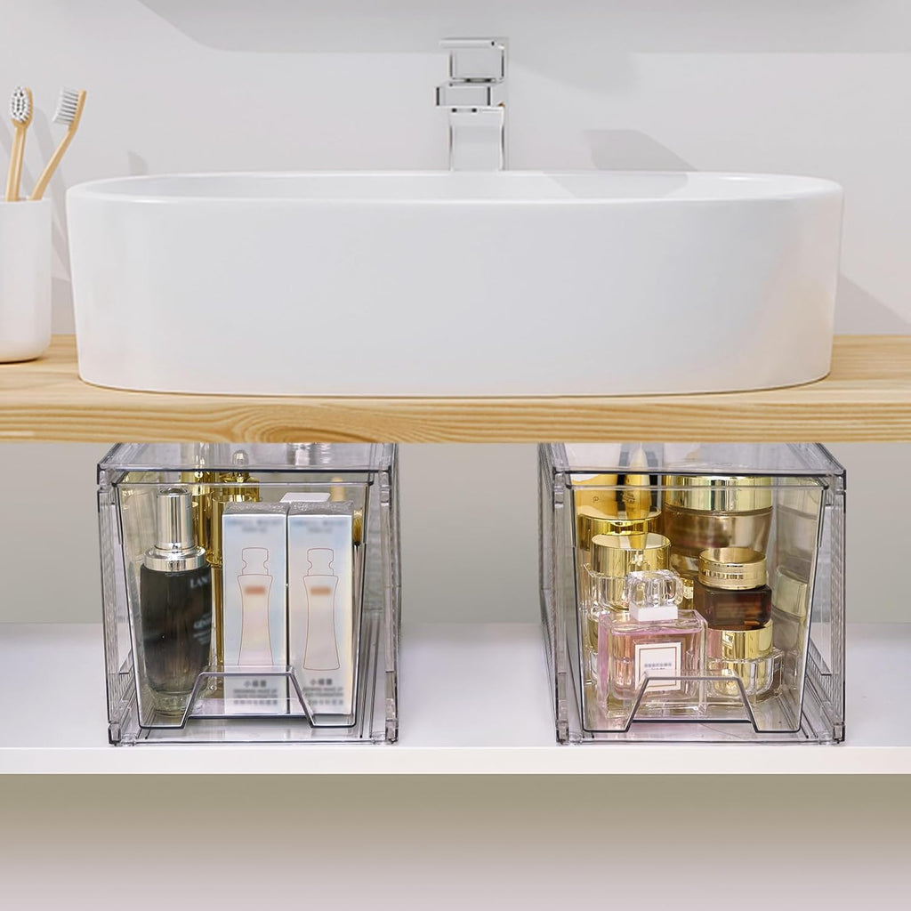 JollyPack 2 Pack Clear Stackable Storage Drawers, Easy to Assemble Multi-Use Bathroom Organizers and Storage, Suitable for Vanity, Bathroom, Makeup, Under Sink, Office, Kitchen and Pantry