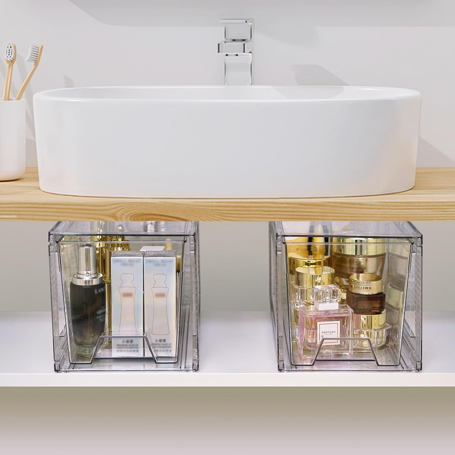 JollyPack 2 Pack Clear Stackable Storage Drawers, Easy to Assemble Multi-Use Bathroom Organizers and Storage, Suitable for Vanity, Bathroom, Makeup, Under Sink, Office, Kitchen and Pantry