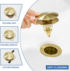Universal Bathroom Sink Stopper - Pop Up Sink Drain Stopper, Push Button Flixfilter Sink Drain Stopper Replacement, Wash Basin Drain Filter Plug Anti-Clogging Basket, Brushed Gold