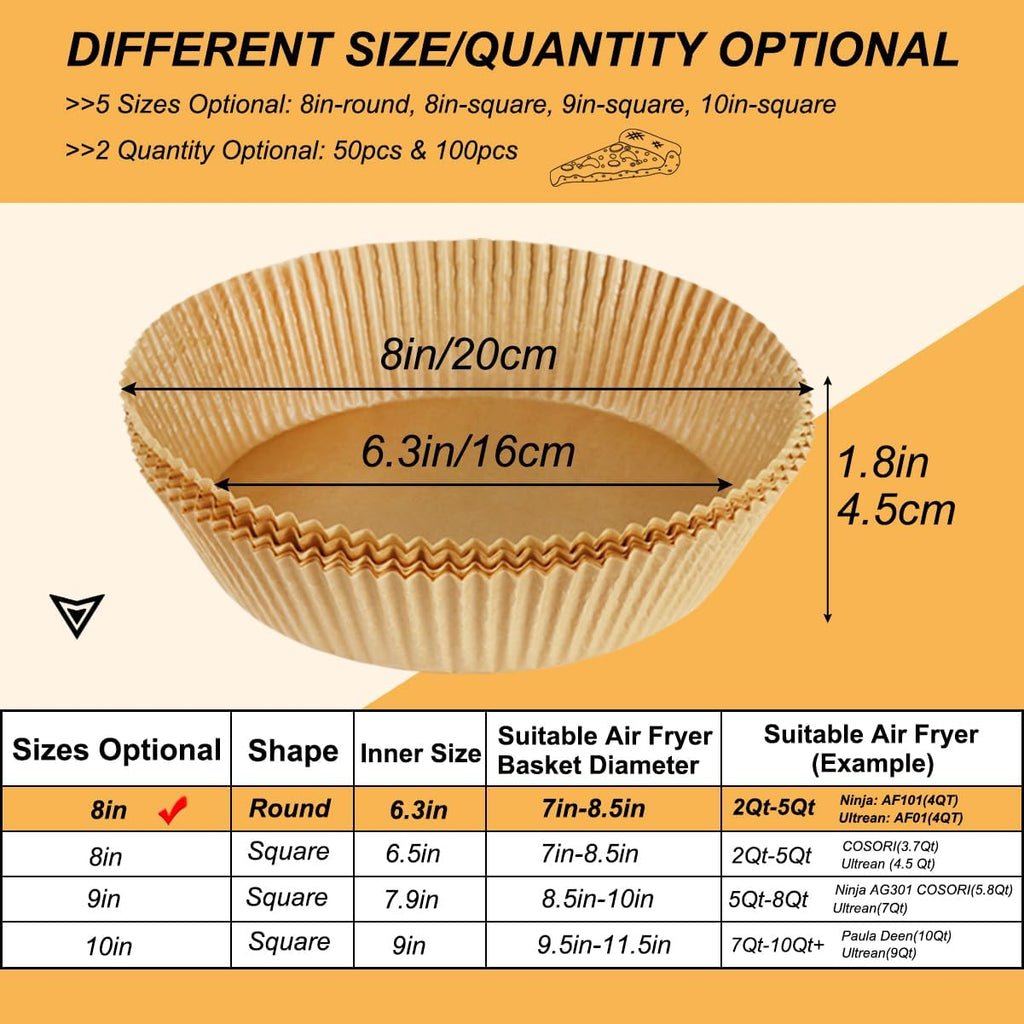 BYKITCHEN Air Fryer Parchment Paper for 2 to 5 QT, Set of 100, 8inch Round Airfryer Liners, Nonstick Air Fryer Filter Paper, Compatible with Ninja, Chefman Airfryer and More