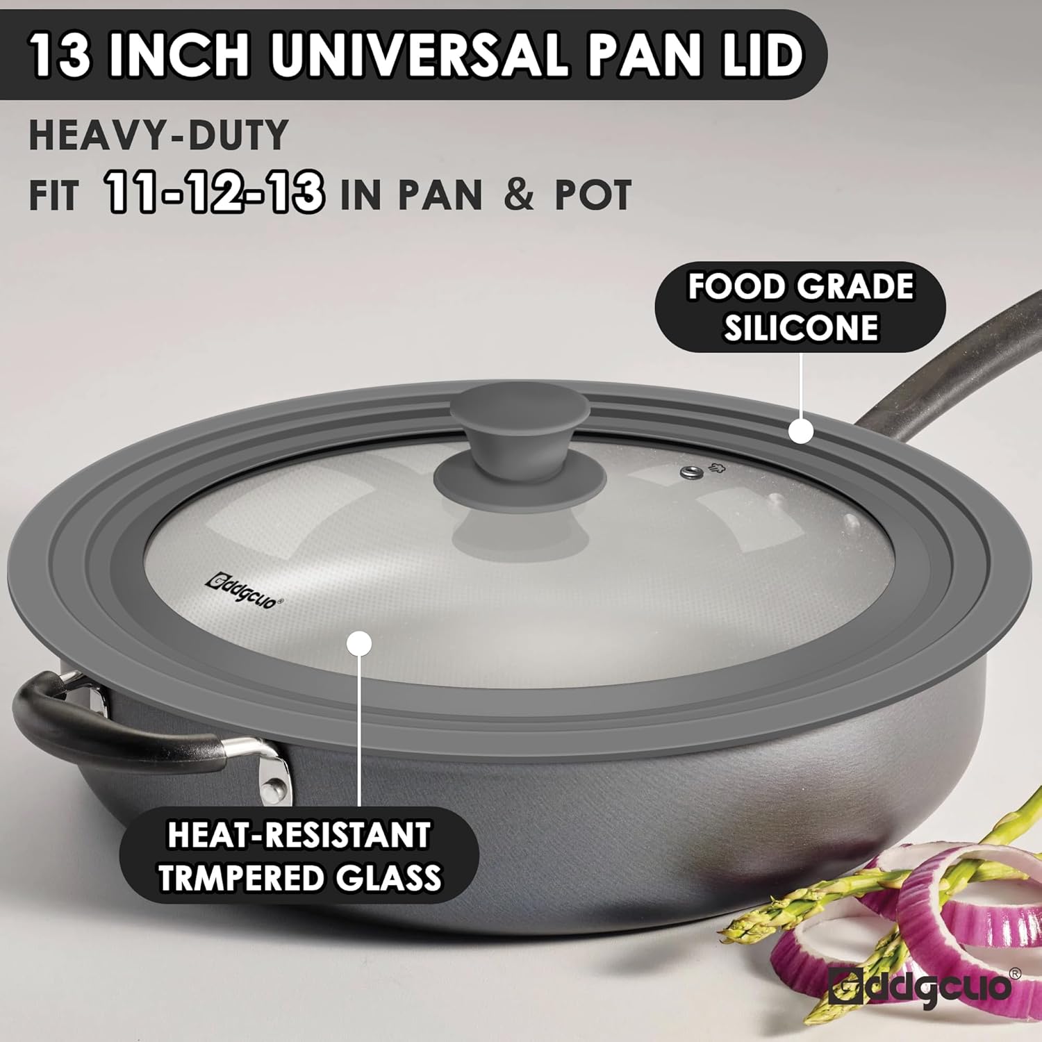 Universal Pan Lids, Silicone Pot lids for Pots, Pans & Skillets - Fits 11", 12" & 13" Diameter Cookware, Replacement Frying Pan lid, Dishwasher Safe (Grey)