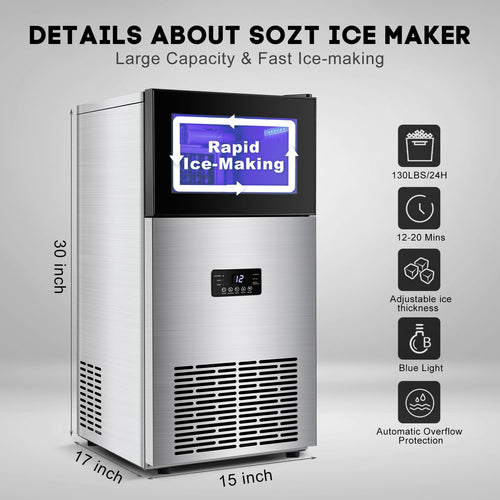 130LBS/24H Commercial Ice Maker Machine with 35LBS Capacity - Stainless Steel Undercounter/Freestanding Ice Cube Maker for Home Bar & Outdoor Use - Automatic Operation