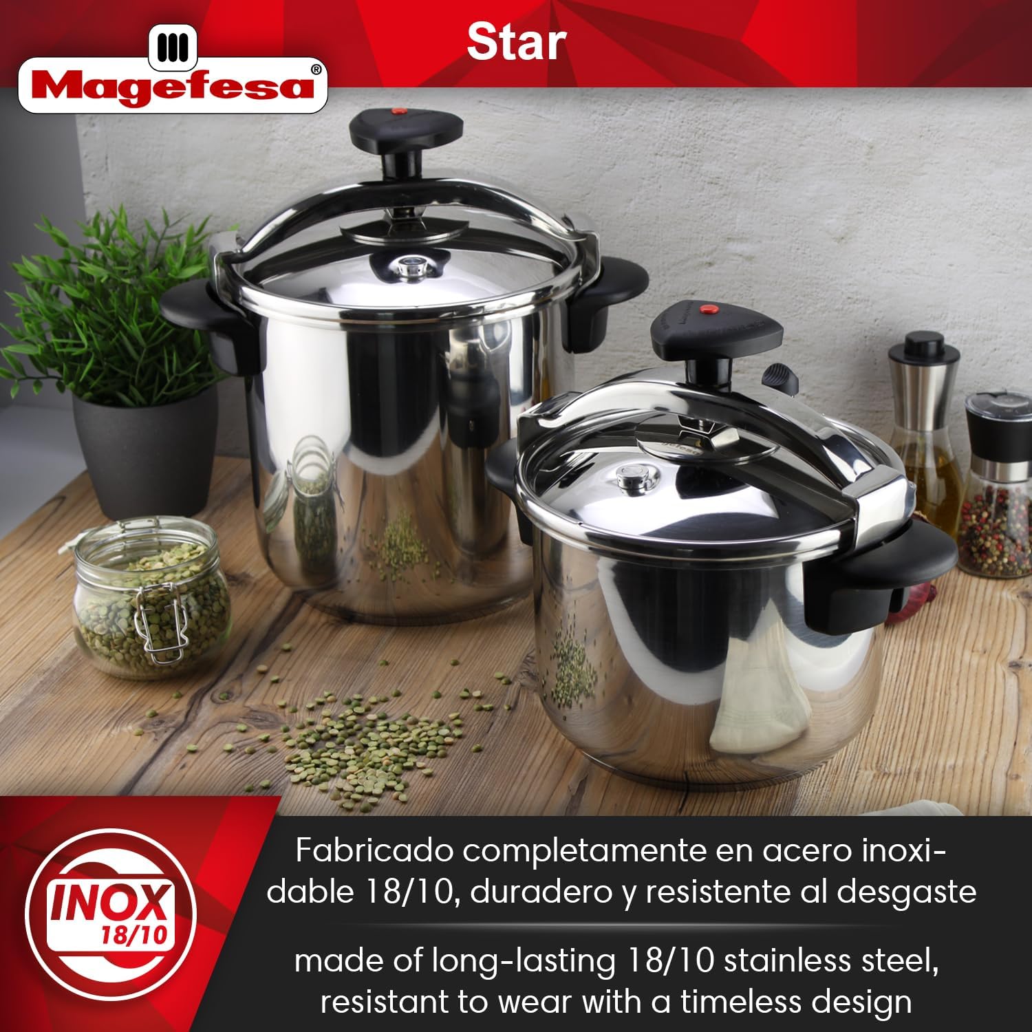 MAGEFESA Star Pressure Cooker, 8.4-Quart, 18/10 Stainless Steel, Works on All Stovetops (Induction Compatible), Safety Lock & 8 PSI Cooking