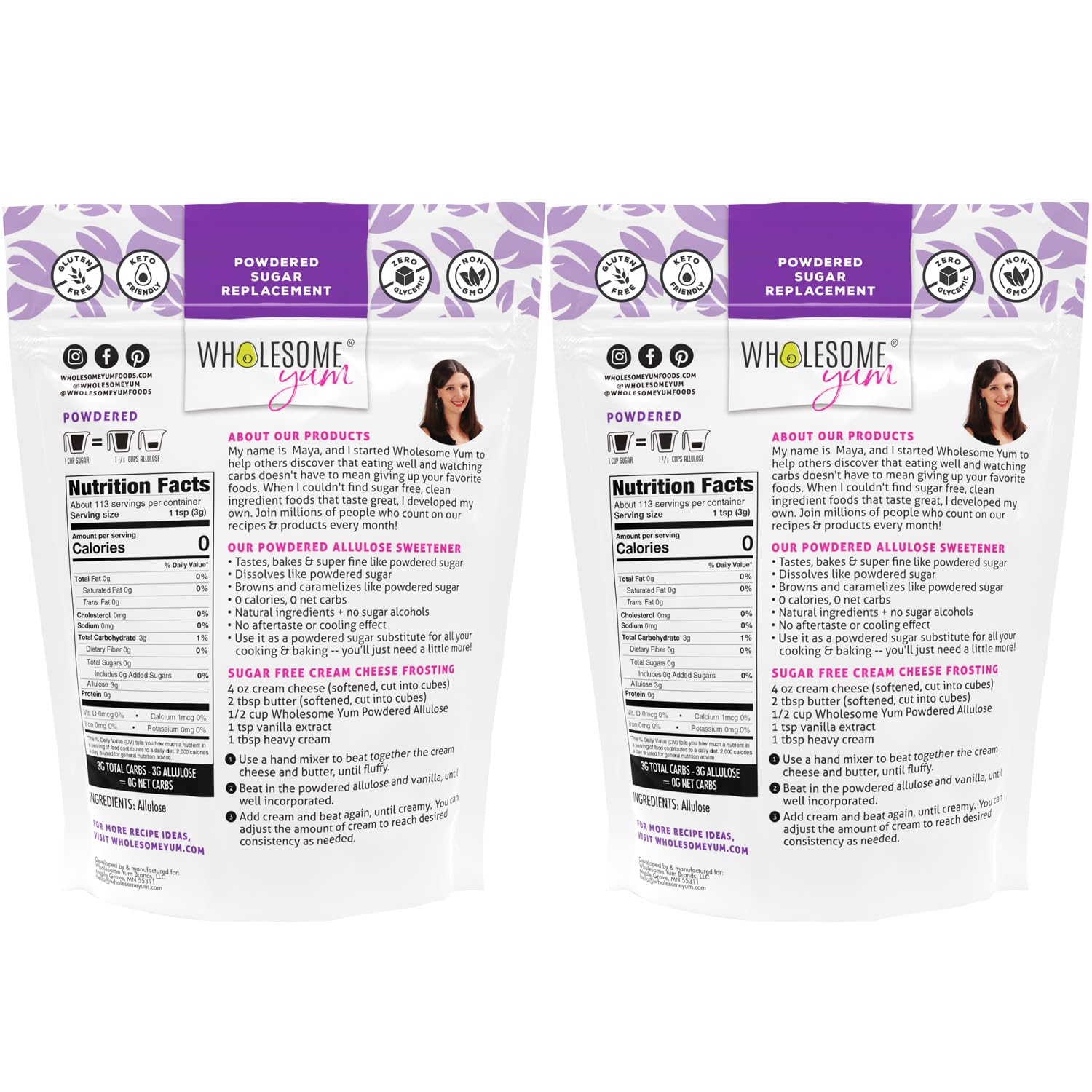 Wholesome Yum Powdered Allulose Sweetener - Natural Keto Powdered Sugar Substitute - Non GMO, Zero Carb, 0 Calorie, Sugar Free, No Aftertaste - Confectioners Sugar Replacement (12 oz, 2 Pack)