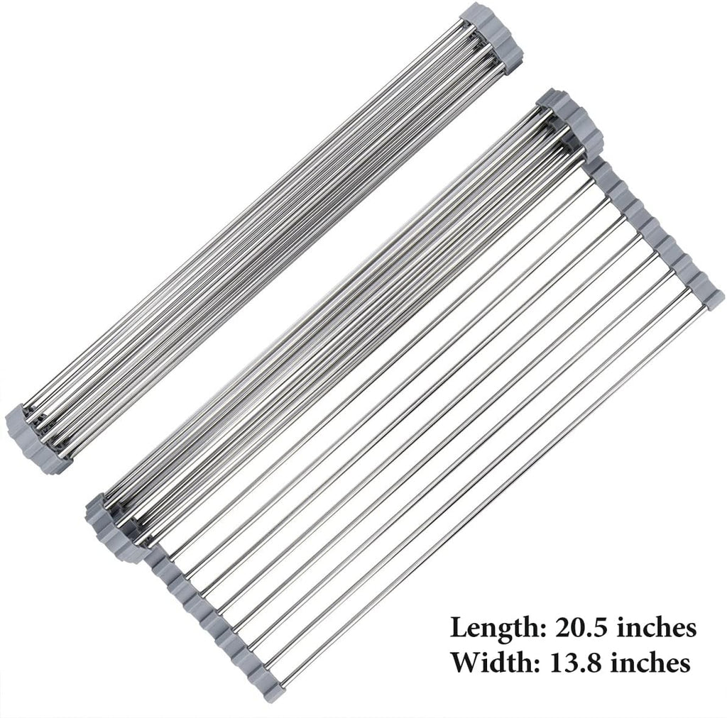 Roll Up Dish Drying Rack 20.5"(L) x 13.8"(W) - Stainless Steel and Silicone Dish Drying Mat Over The Sink Foldable Drain Rack Multipurpose Dish Drainer Extra Large, Gray