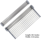 Roll Up Dish Drying Rack 20.5"(L) x 13.8"(W) - Stainless Steel and Silicone Dish Drying Mat Over The Sink Foldable Drain Rack Multipurpose Dish Drainer Extra Large, Gray