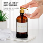 16oz Glass Soap Dispenser with Stainless Steel Pump, 21 Waterproof Labels, Non-Slip Protective Silicone Pad, Set of 2 for Bathroom & Kitchen (Amber Bottle/Brushed Gold Pump)