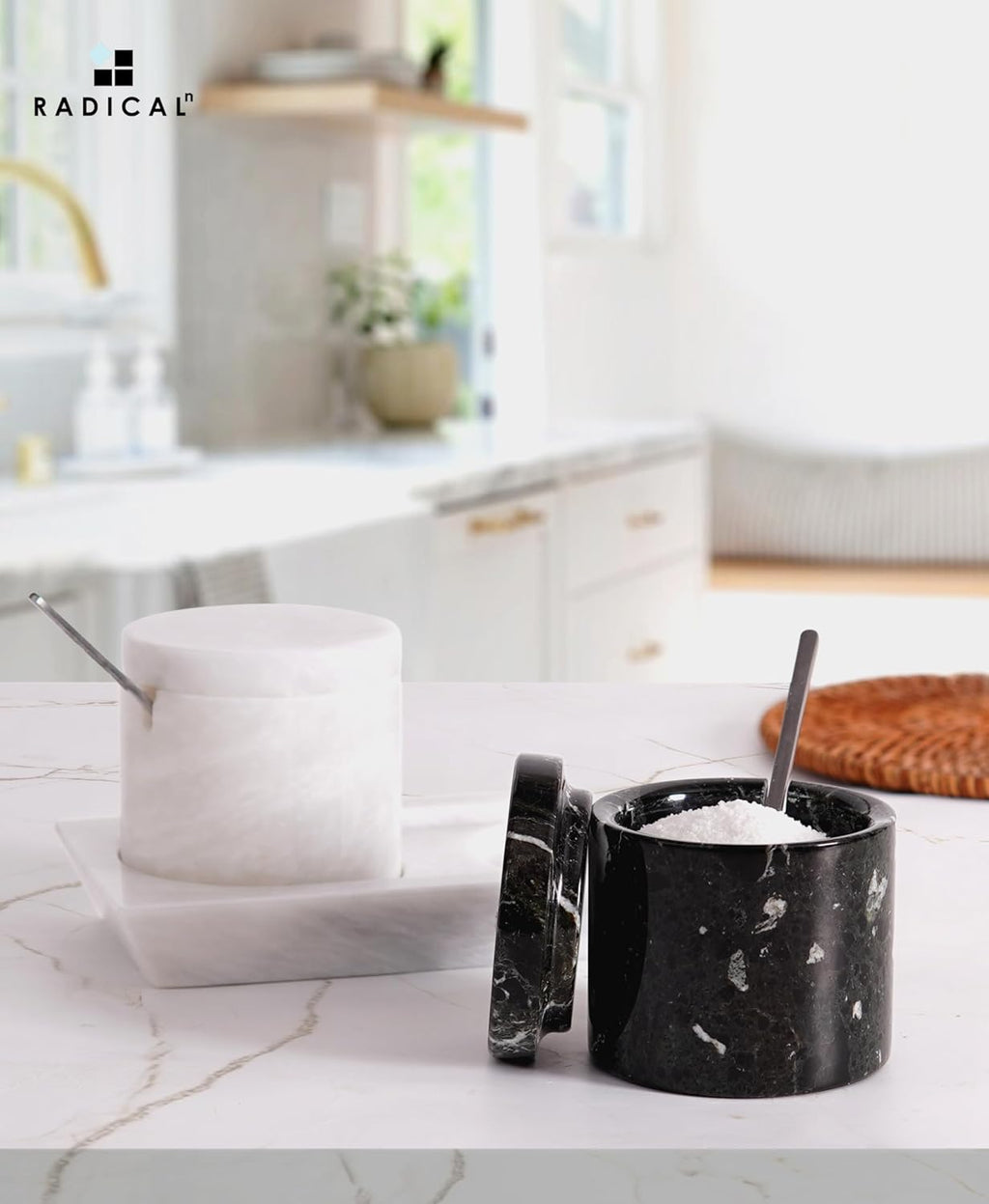 Radicaln Marble Salt Cellar With Lid and Tray 3" Inch Black and White Salt Container, Set of 2 Seasoning Jars, Spice Storage Container and Salt Bowl for Kitchen Countertop