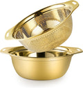 Colander 304 Stainless Steel 3-quart with Mixing Bowls, Strainer for Kitchen Food For washing vegetables, fruit, rice, Dishwasher Safe. (Gold 2PC)