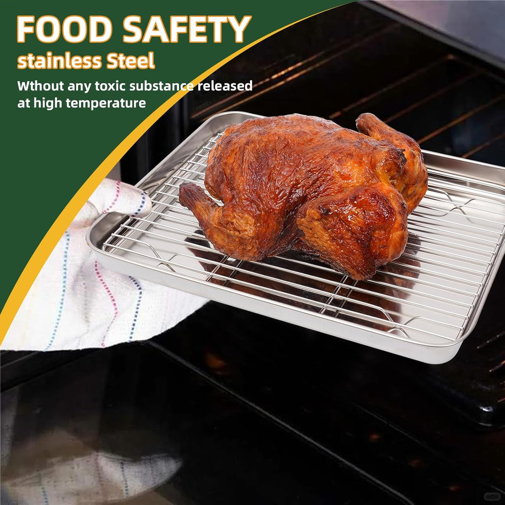 KEKEGO 4-piece set Multipurpose 304 Stainless Steel Baking Tray with Cooling Rack, 10/12/16 Inch,Rectangular Pan for Baking, Grilling, Food Prep, Draining, Non Toxic & Heavy Duty & Easy Clean