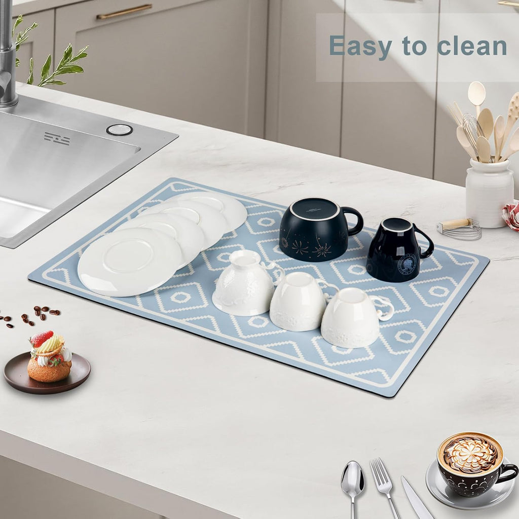 SUEH DESIGN Dish Drying Mat, Absorbent Coffee Mat 23.6 x 15.7 in Quick Dry Kitchen Drying Dish Drain Mat for Kitchen Counter Coffee Bar, Blue