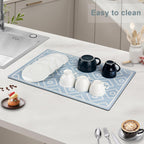 SUEH DESIGN Dish Drying Mat, Absorbent Coffee Mat 19.6 x 11.8 in Quick Dry Kitchen Drying Dish Drain Mat for Kitchen Counter Coffee Bar, Blue
