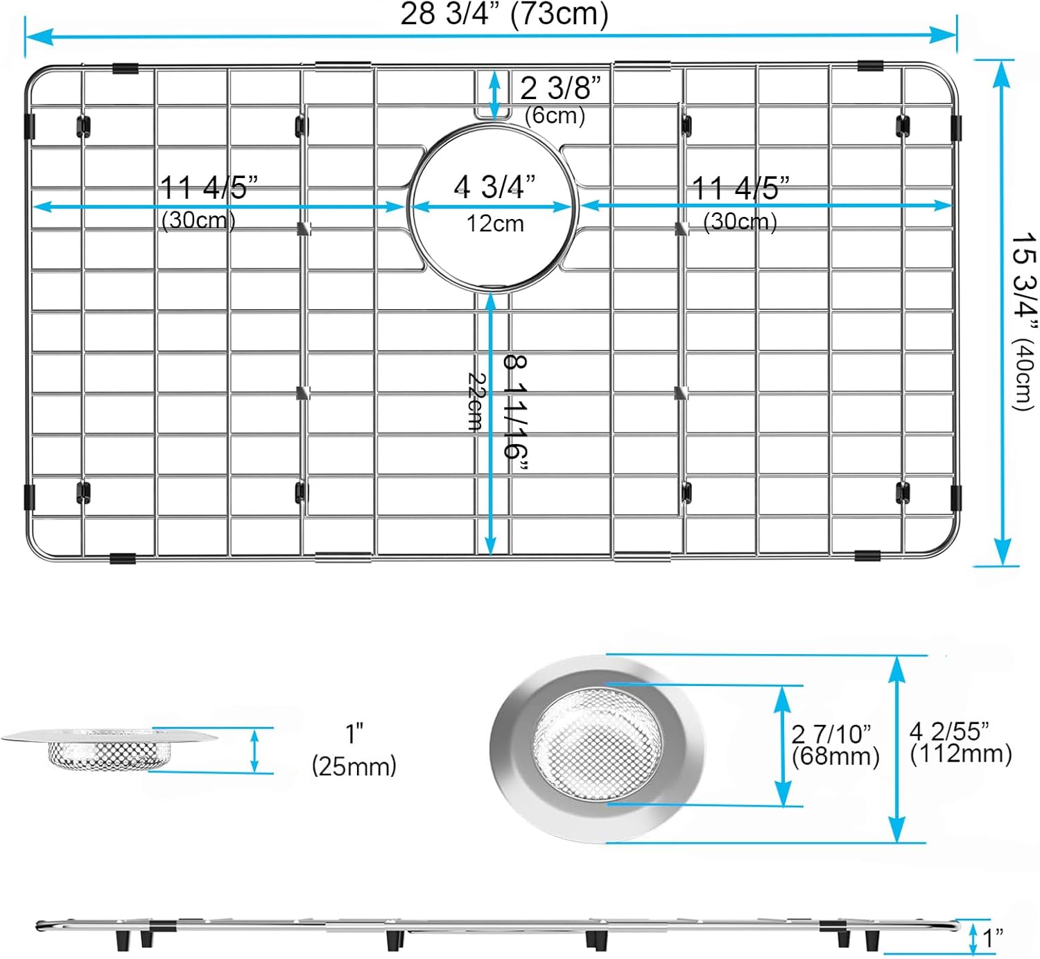 iPEGTOP Sink Rack for Bottom of Sink, Stainless Steel Sink Protector 28-3/4" x 15-3/4" with Rear Drain Hole, Sink Grid Grate with Hole Cover for Kitchen Sink Single Bowl