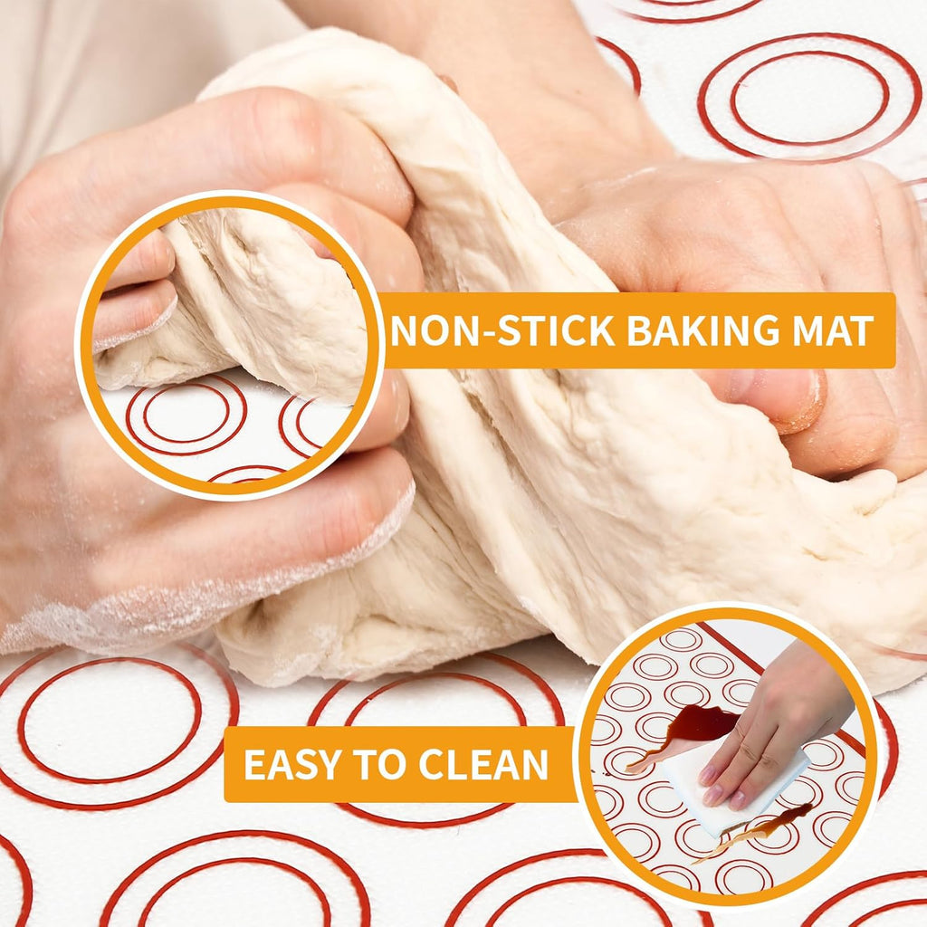 Silicone Baking Mat Sets, Dough Mat with Macaron Baking Mat Pastry Cutter Rolling Pin,Food Safe Pastry Mat, Reusable Cookie Sheets Liner
