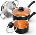 MICHELANGELO Nonstick Sauce Pan with Lid, 1QT & 2QT Ceramic Saucepan Set with Steamer, Small Copper Saucepans Set, Multipurpose Sauce Pots for Cooking, PFAS-FREE, Dishwasher Safe