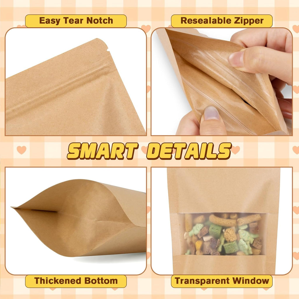 Jetmore-50pack-Smell-Proof-Bag, Reusable Zip Lock Bags with Window, Resealable Stand Up Packaging Bags, Brown Paper Pouches for Coffee, Tea, Herbs, Spice, Snack, Baked Goods, Goodie Bags