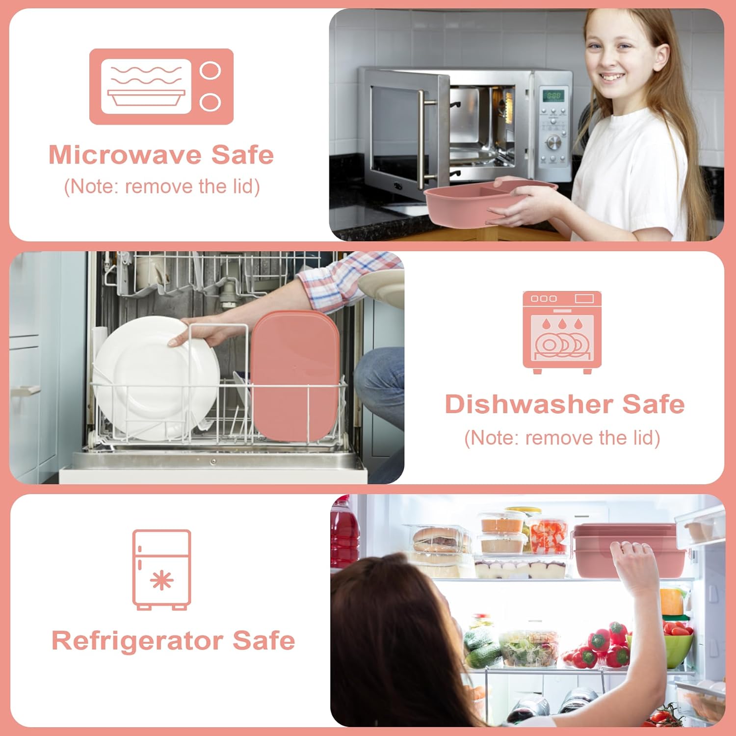 JBGOYON® Bento Lunch Box Set - 3 Stackable Containers for Adults and Kids，lunch box for women- Includes Lunch Bag, Leak-Proof and BPA-Free - Built-in Utensil Set - Dishwasher Safe (Pink)