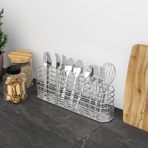 304 Stainless Steel Utensil Holder, Silverware Drying Rack with Hooks for Dish Drainer, Knife and Fork Drainer Basket with 3 Divided Compartments, Kitchen Drainage Basket Accessories, Rust Proof