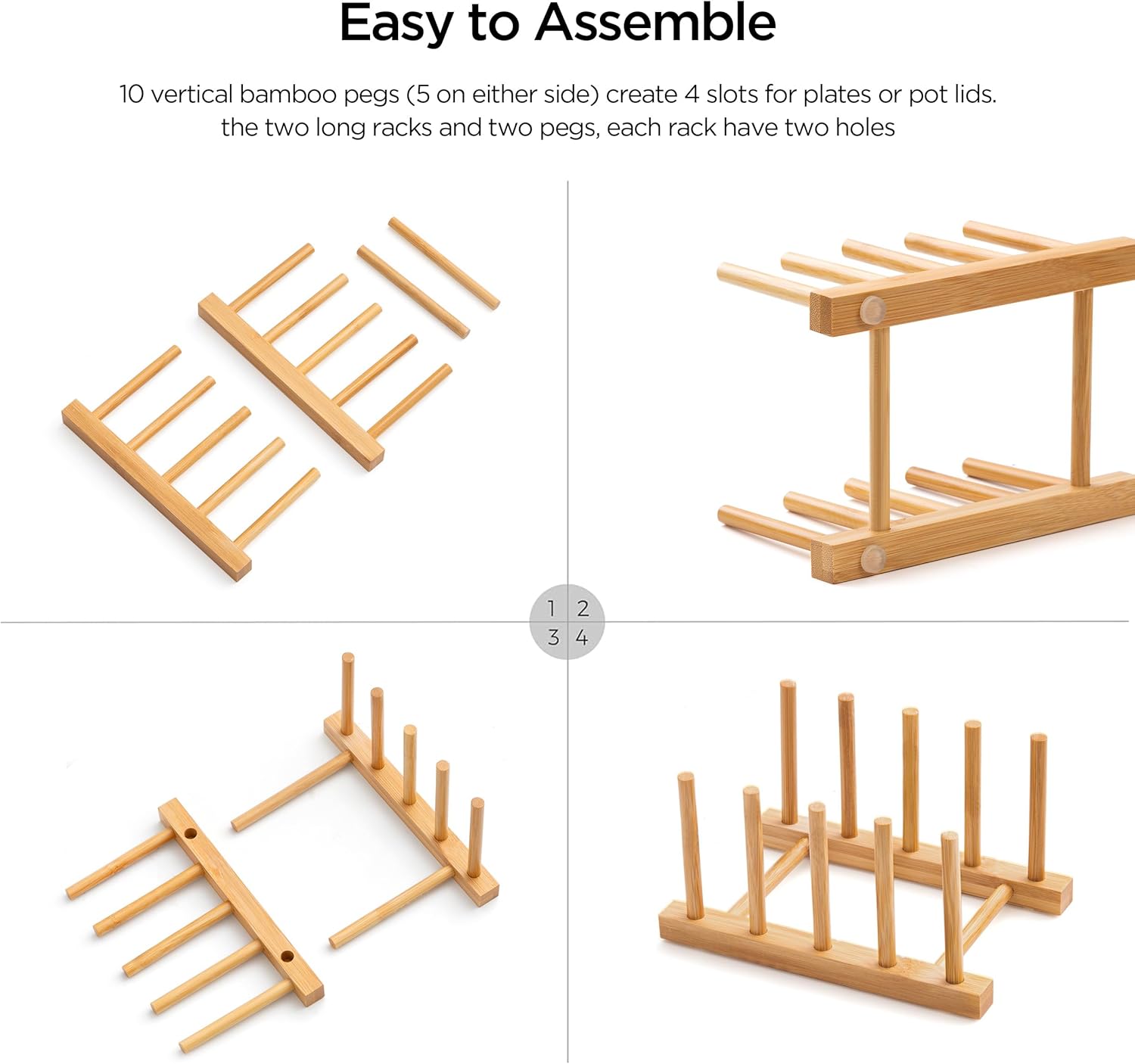 Bamboo Dish Drying Rack for Kitchen Counter and Cabinet, Dish/Book/Plate/Bowl/Cup/Cutting Board/Pot Lid Organizer for Kitchen, Living Room, Study, Display Cabinet (4 Slots)