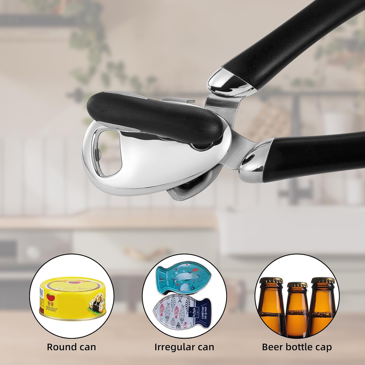 Multi-function Manual Can Opener Bottle Opener, Oversized Hand-held Easy Rotary Knob, Safe Cut Can Opener with Non-Slip Handle, Smoother Cut Sharp Blade for Seniors Kitchen Tool, Black