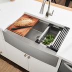 Ruvati 36-inch Rounded Corners Apron-front Workstation Farmhouse Kitchen Sink - 16 Gauge Stainless Steel Kitchen Sink Single Bowl with Brushed Finish hides scratches - RVH9300