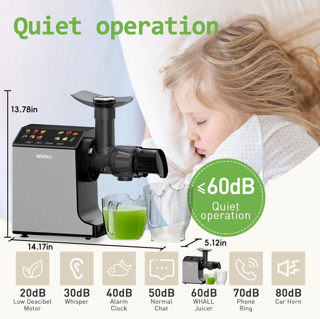 whall Masticating Slow Juicers, Juicer Machines, Cold Press Juicers, Professional Stainless Juice Machines for Vegetable and Fruit, Touchscreen Cold Press Juicer with 2 Speed Modes, Easy Clean,Grey