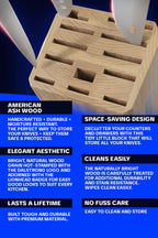 DALSTRONG Universal Knife Block - 18 Slots - Premium American Ash Wood - Aluminum Alloy Rim Kitchen Set - Lion Head Logo Badge - Premium Craftsmanship Knife Set - Angled For Ergonomics - Cleans Easily
