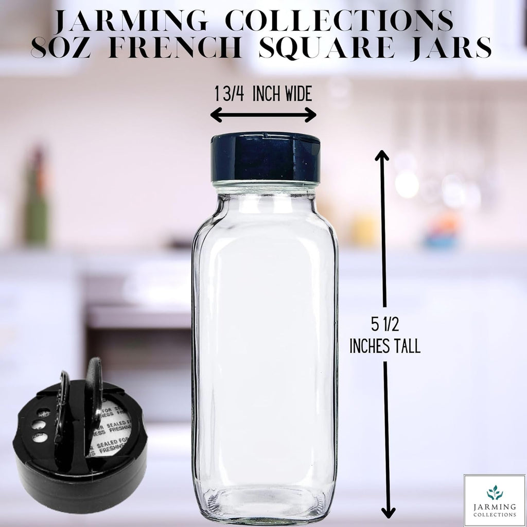 JARMING COLLECTIONS 8 oz Glass French Square Spice Jars with Shaker Lids - Elegant Design for Food Storage and Kitchen Organization - Enhance Your Spice Storage – Made in USA