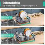 Dish Drying Rack for Kitchen Counter, Extendable Dish Rack with Drainboard, Expandable Dish Drainer, Collapsible Dish Strainer with Cutlery Holder, Foldable Home Countertop Plate Storage Rack, Gray