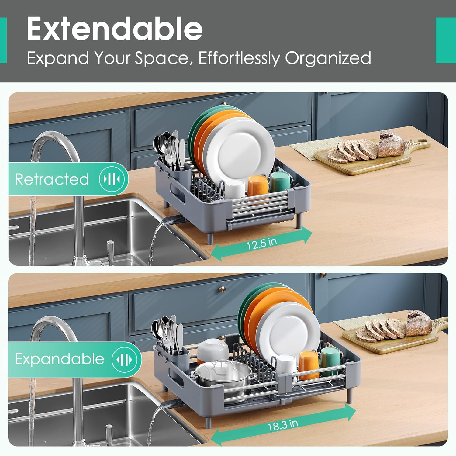 Dish Drying Rack for Kitchen Counter, Extendable Dish Rack with Drainboard, Expandable Dish Drainer, Collapsible Dish Strainer with Cutlery Holder, Foldable Home Countertop Plate Storage Rack, Gray