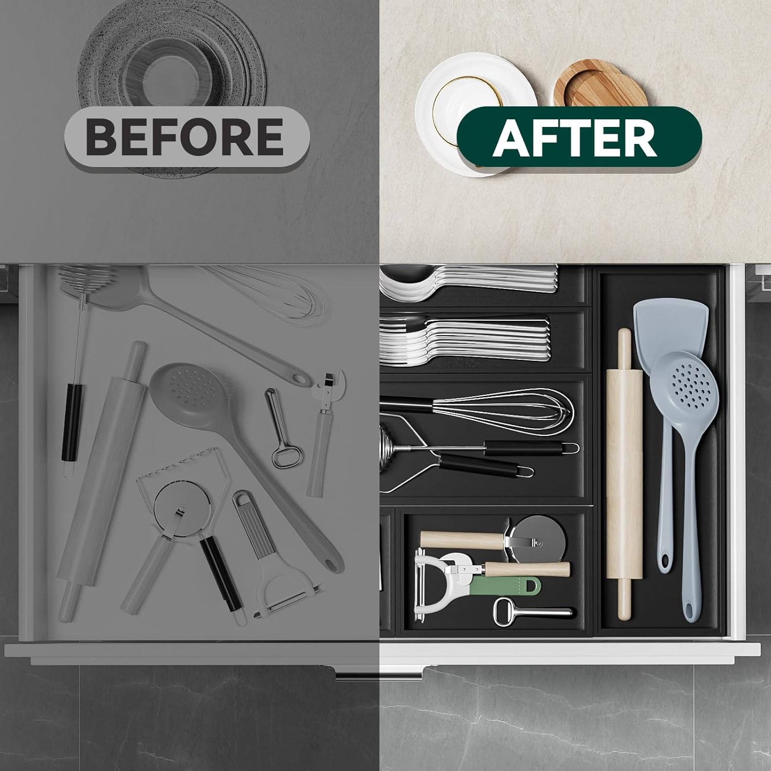 Bamboo Drawer Organizer, Extra Large Silverware Organizer for Kitchen Drawer, Stackable Utensil Organizer, 2 Pcs Toilet Tank Topper Tray, Wooden Toilet Paper Basket (Black, 17 X 6 X 2 Inch)