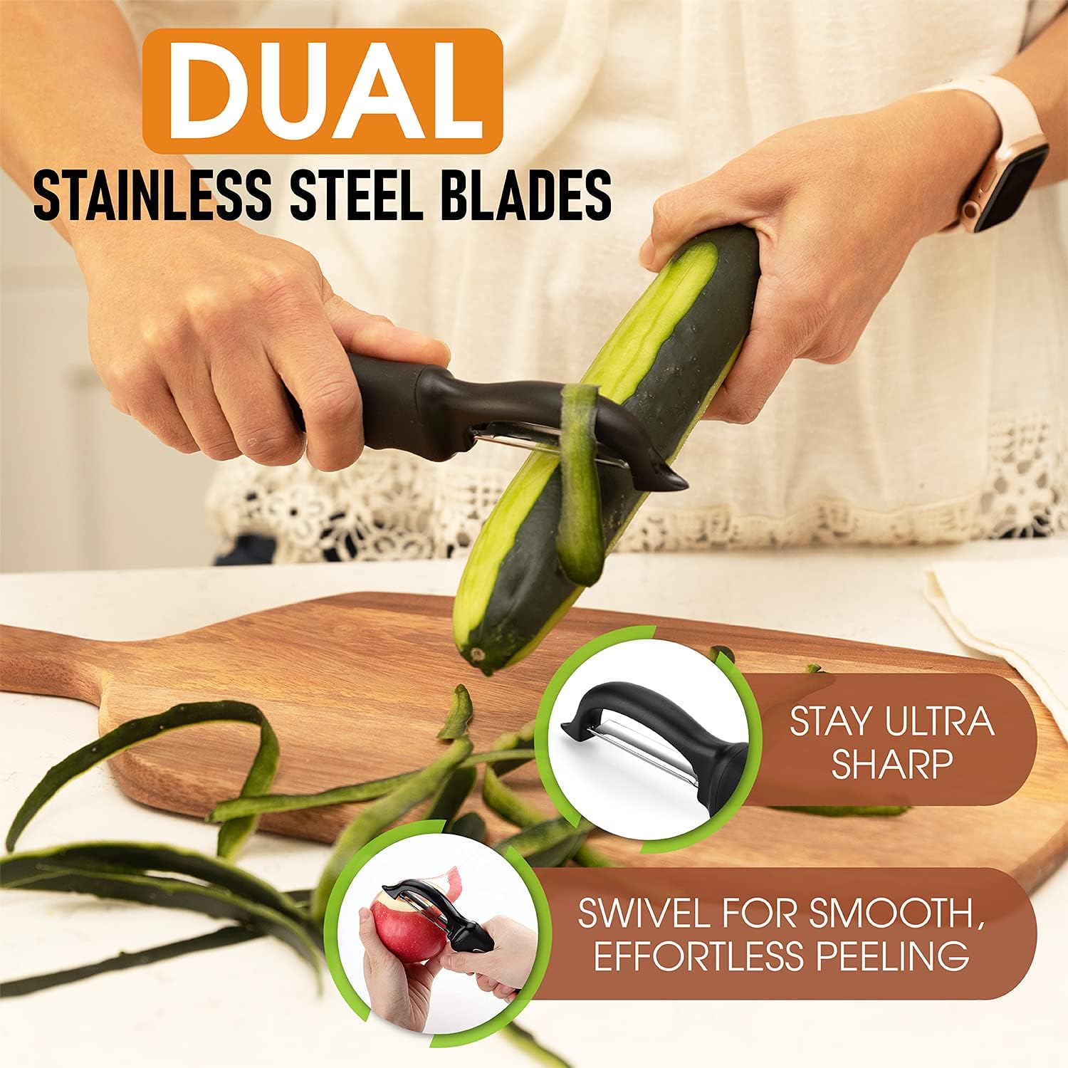 Spring Chef Premium Swivel Vegetable Peeler, Soft Grip Handle and Ultra Sharp Stainless Steel Blades - Perfect Kitchen Peeler For Veggie, Fruit, Potato, Carrot, Apple - Black - Set of 2