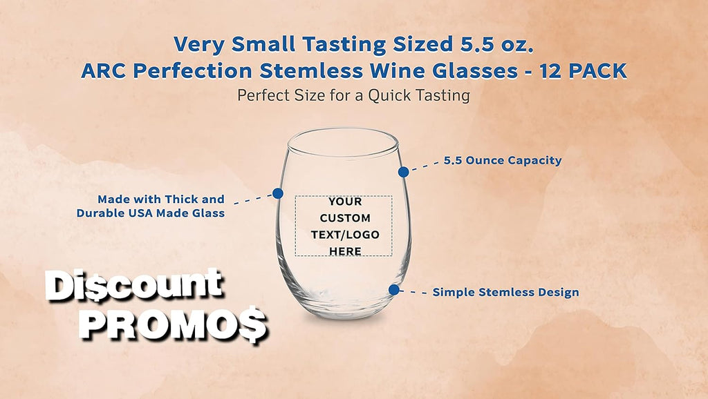 Custom Stemless Wine Glasses by ARC 5.5 oz. Set of 12, Personalized Bulk Pack - Perfect for Hotel, Bar, Restaurant or Lounge - Clear