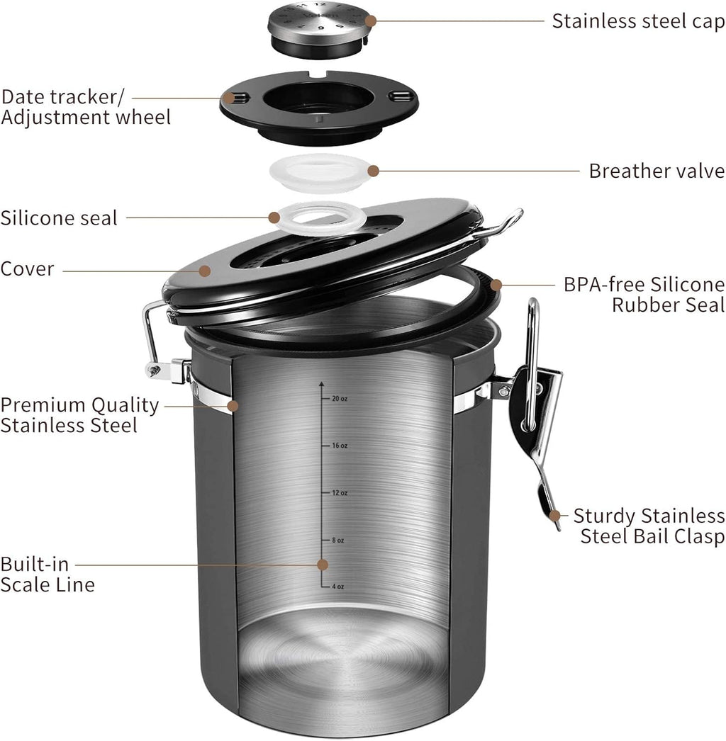 Veken Coffee Canister, Airtight Stainless Steel Kitchen Food Storage Container with Date Tracker and Scoop for Grounds Coffee, Beans, Tea, Flour, Cereal, Sugar, Cookies Jars, 22OZ Gray