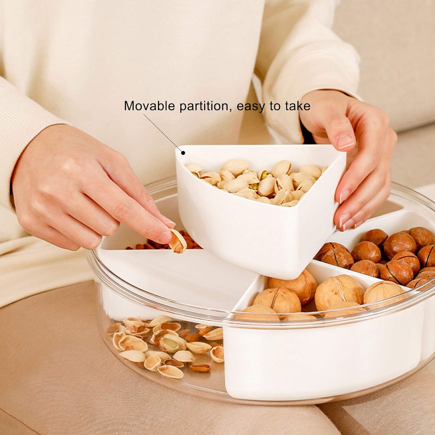 Divided Serving Tray with Lid, Removable Divided Platter Snack Box Container, Snackle Box Food Storage Charcuterie Containers, Fruit Snack Tray for Party, Veggies, Snack, Fruit, Nuts, Candy, Chip