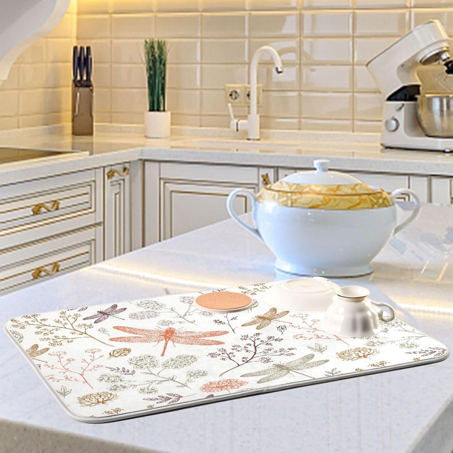 Dragonfly Botanical Plant Dish Drying Mat for Kitchen Counter Absorbent Microfiber Drying Pad, Medium 16x18 in, Reversible Drainer Mats