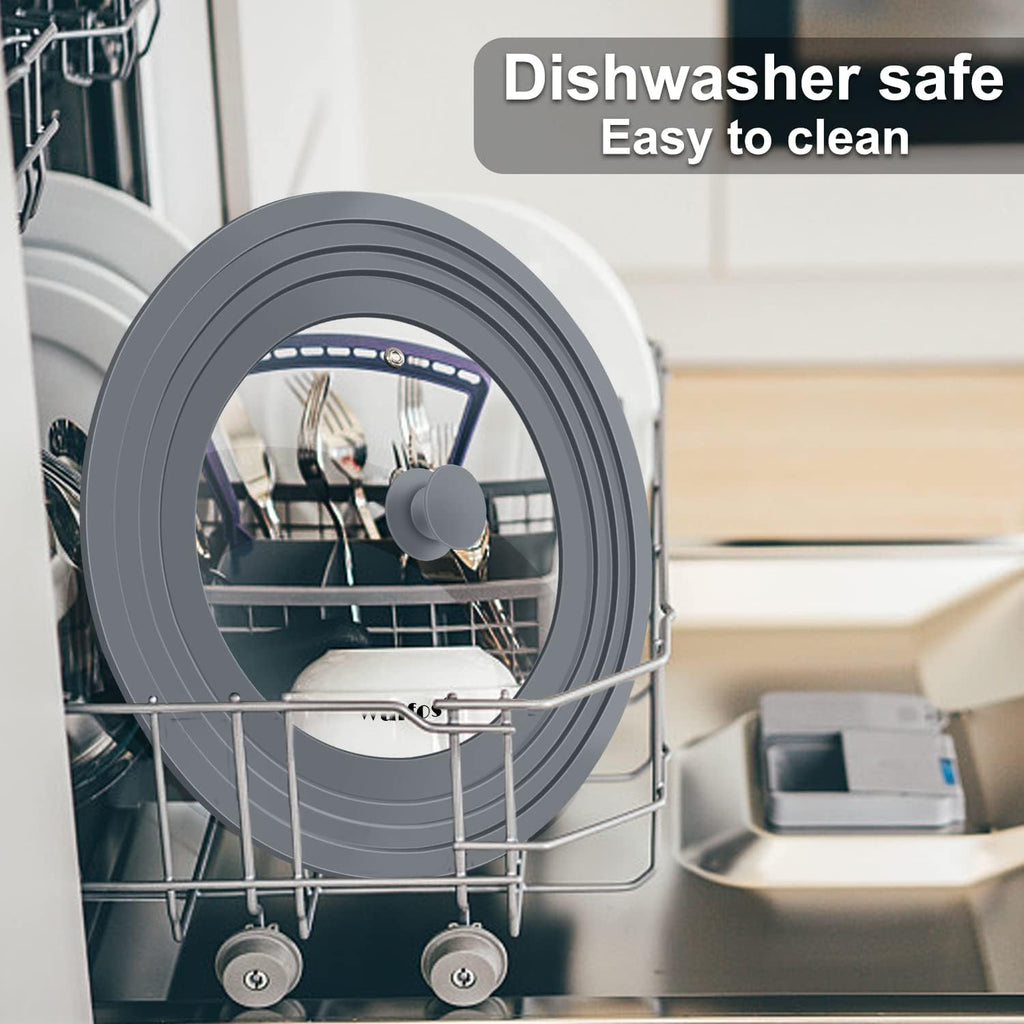 Universal Lid for Pots, Pans and Skillets - Walfos Tempered Glass Pan Lid with Heat Resistant Silicone Rim, BPA Free Large Pot Lids Fits 8" to 12" Diameter Cookware, Dishwasher-Safe, Grey